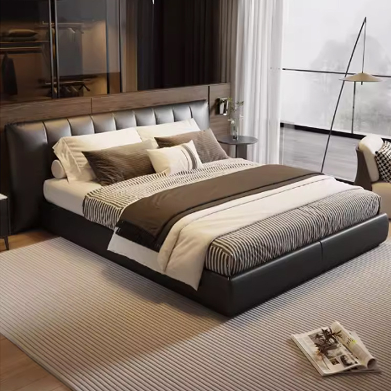 Cama de cuero moderna minimalista italiana de lujo, cama principal queen, amplio respaldo, atmósfera de alta gama, cama doble blanda, cama de boda image 3