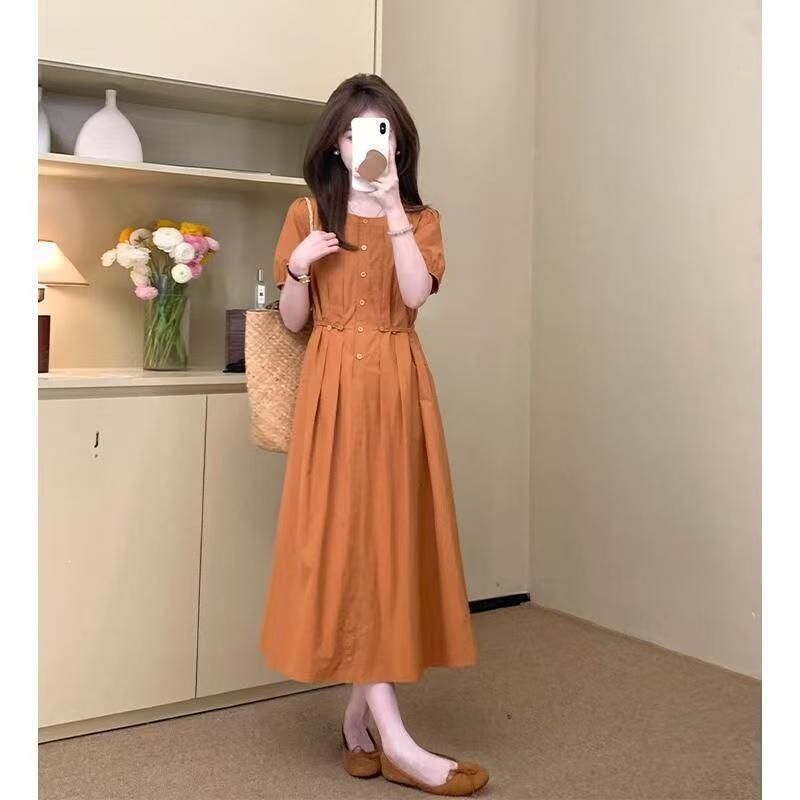 French-Style Dress for Women 2026, High-End Summer New Fashion, Orange Color, Waist-Cinching, Slimming, Elegant Mid-Length Dress