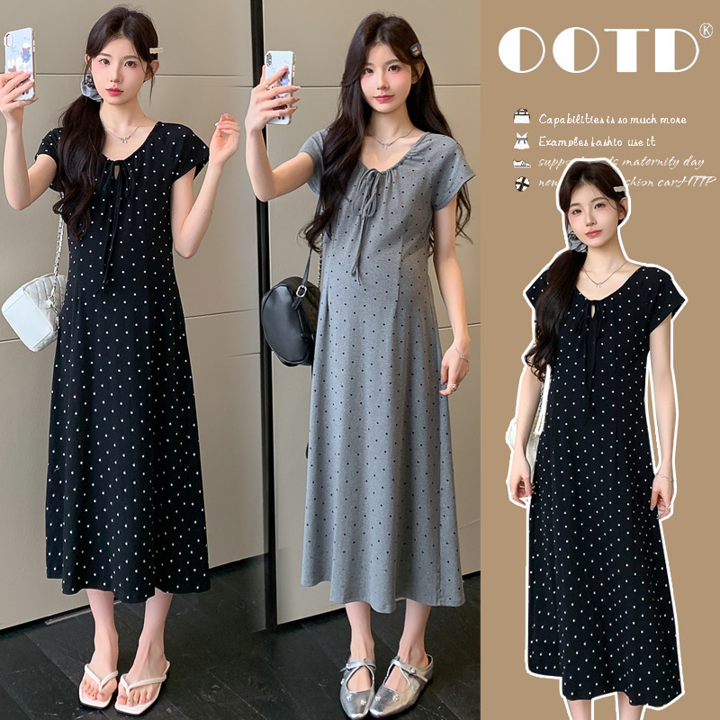 Trendy Mom Outfits~ Maternity Dress Summer New Style Hepburn Style Polka Dot V-Neck High-End Elegant Slimming Little Black Dress