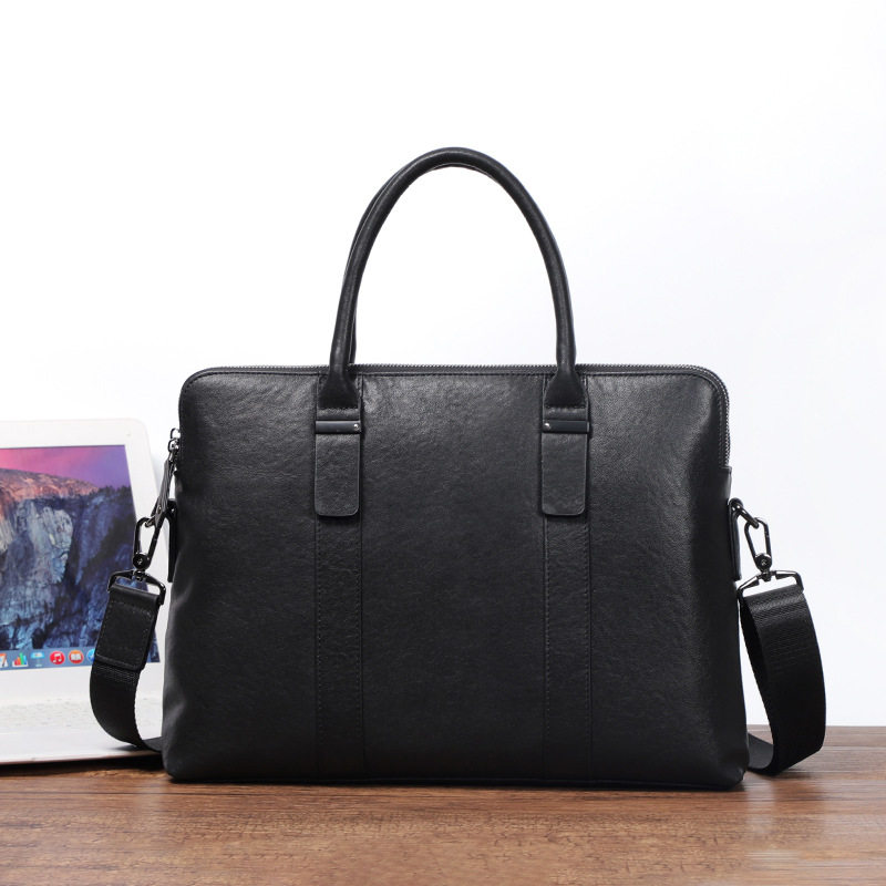 Túi xách tay nam công sở da bò thật hai ngăn khóa kéo, cặp mỏng đeo chéo một vai 39×7×29 cm — Màu đen