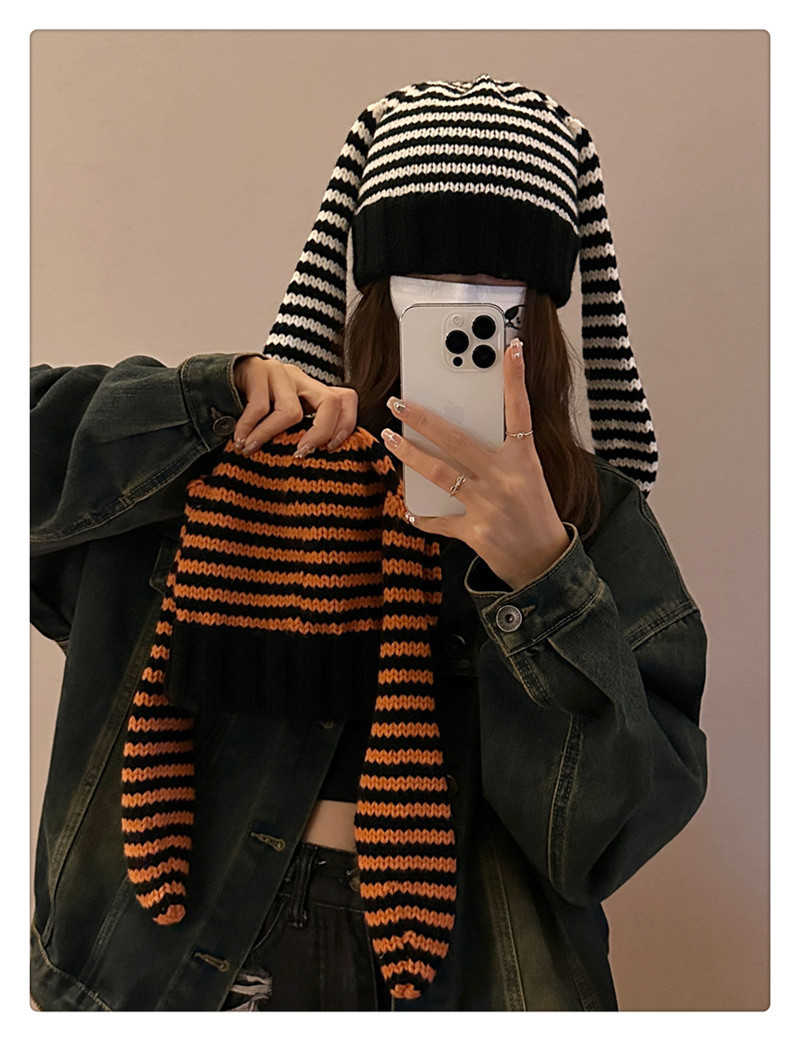 Cappello lavorato a maglia autunnale e invernale per donne con orecchie lunghe, grazioso cappello di lana a righe, calda protezione per le orecchie, cappello freddo dalla personalità unica_voghion.com