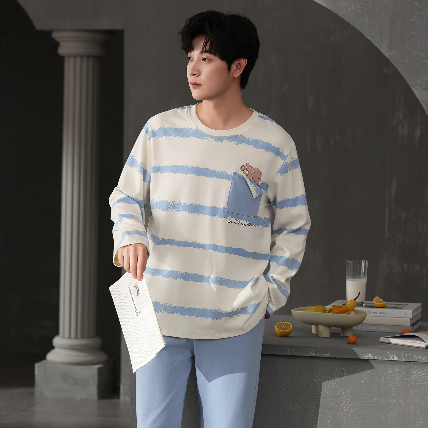 Pure Cotton Pajamas Men's Spring & Fall Round Neck Pullover Student Cartoon Casual Long-Sleeved Printed Home Clothes Set Can Be Worn Outside