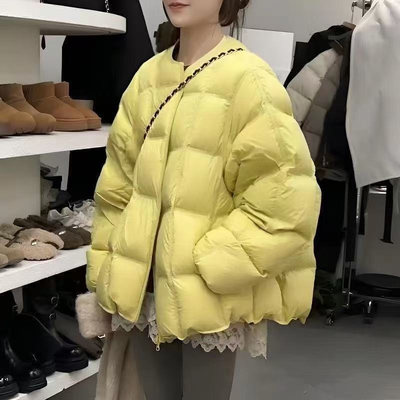韩版纯色圆领压线小方格蓬蓬棉服女2025冬季爆款时尚保暖面包服|undefined