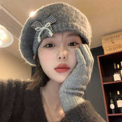 日系百搭保暖蝴蝶结贝雷帽秋冬新款防风帽子女休闲甜美画家蓓蕾帽