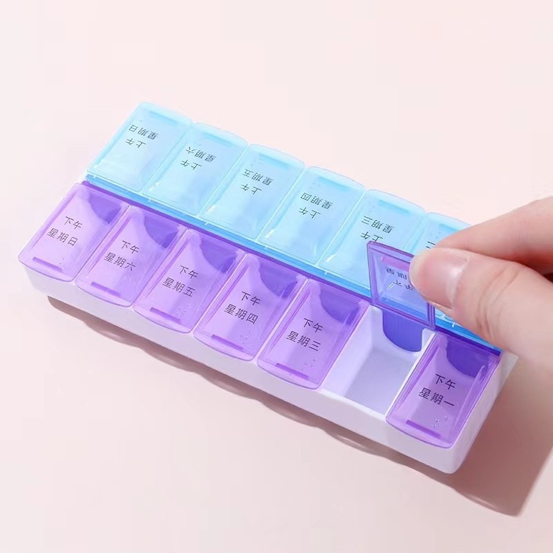 Caja de Medicina de dos colores caja de embalaje caja de medicina portátil de 7 días clasificación caja de almacenamiento de 14 rejillas caja de plástico PP