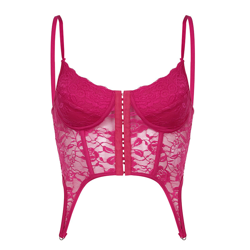 Camisola sexy de encaje con diseño de tiras cruzadas en la espalda, estilo corto irregular, top corto con relleno en el pecho, se puede usar como ropa exterior.