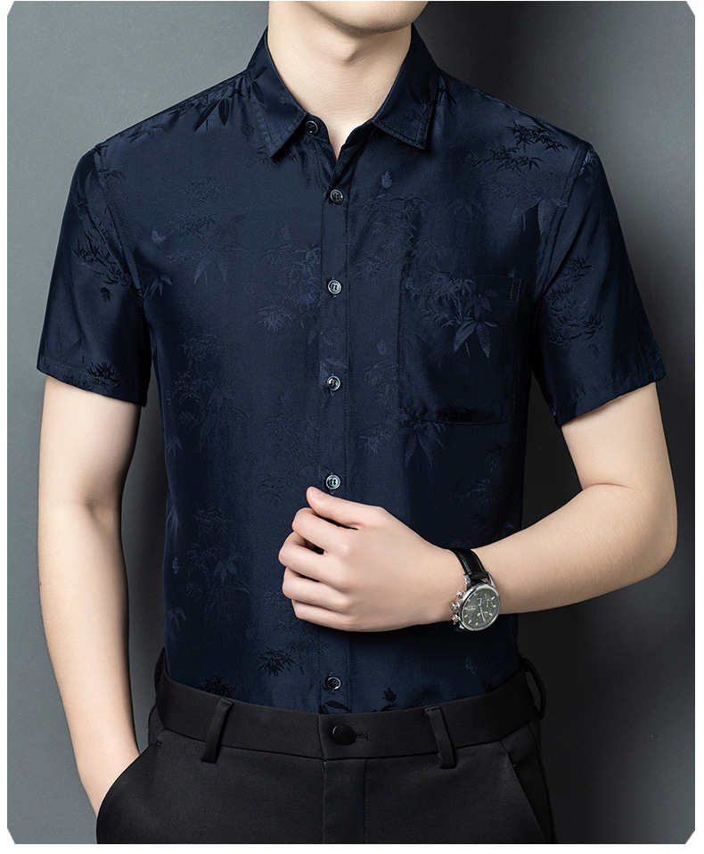 Áo sơ mi nam ngắn tay lụa satin cao cấp, phong cách công sở — Da đen26618 chi tiết 12
