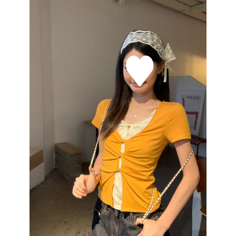 Factory wholesale mango yellow faux two-piece lace short-sleeve T-shirt for women, summer slim-fit American style hot girl top Factory wholesale mango yellow faux two-piece lace short-sleeve T-shirt for women, summer slim-fit American style hot girl top