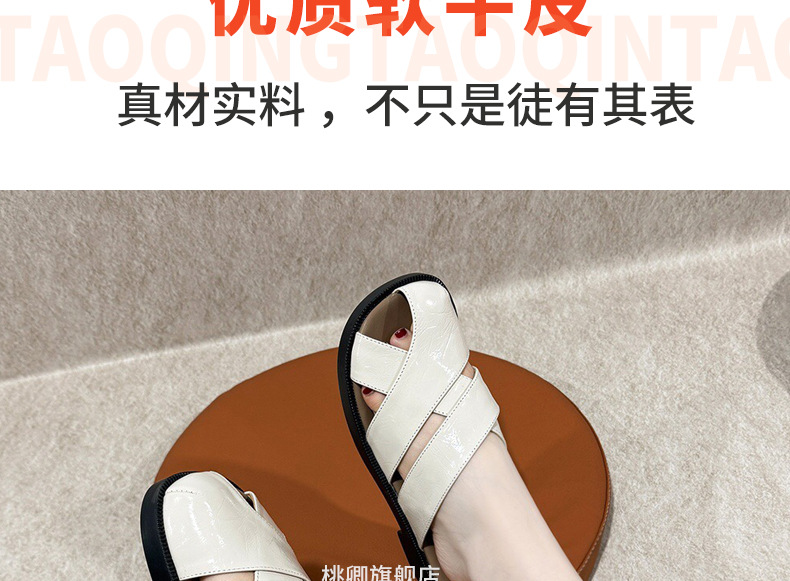 Dép sandal nữ quai ngang mũi tròn đế bệt da thật khoét lỗ thoáng khí — Màu đen chi tiết 6