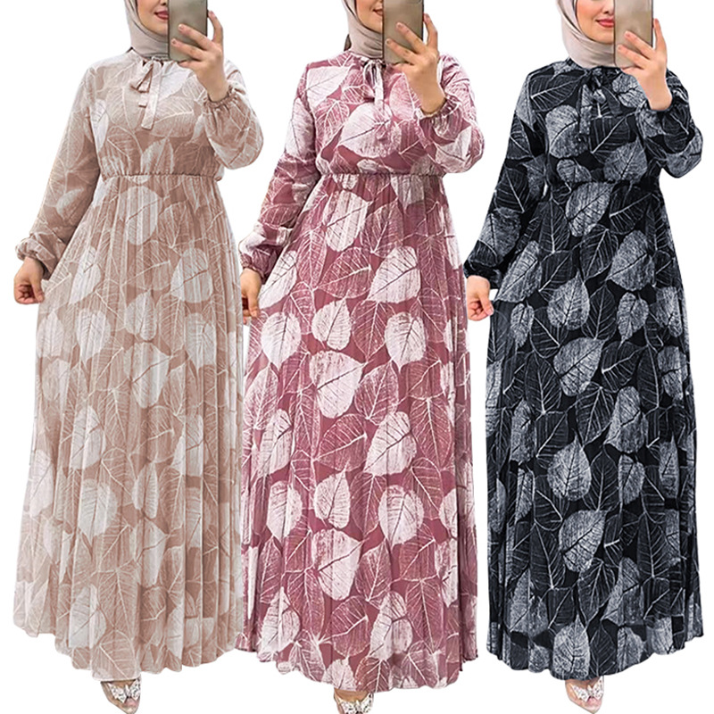 M2236 Middle East Dubai Women's Robe New Leaf Pleated Skirt Fashionable Waist-Cinching Dress_ecoleips.com