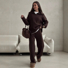 秋冬新款高翻领女士半拉链套头衫女秋冬套装休闲长裤纯色两件套女