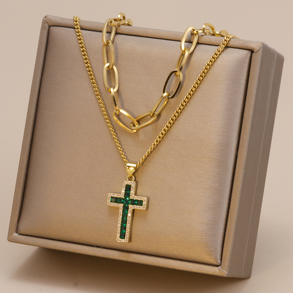 Fashion Cross Stainless Steel Plating Zircon Layered Necklaces 1 Piece display picture 2