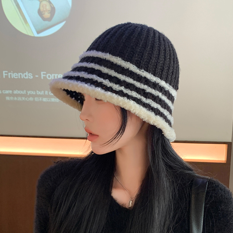 Autunno e inverno nuovo cappello coreano a righe lavorato a maglia con viso piccolo a secchiello per esterni in lana lavorata a maglia calda e alla moda_voghion.com