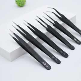 非标定制6件套防静电不锈钢镊子厚度0.8黑色套装镊子直头弯头