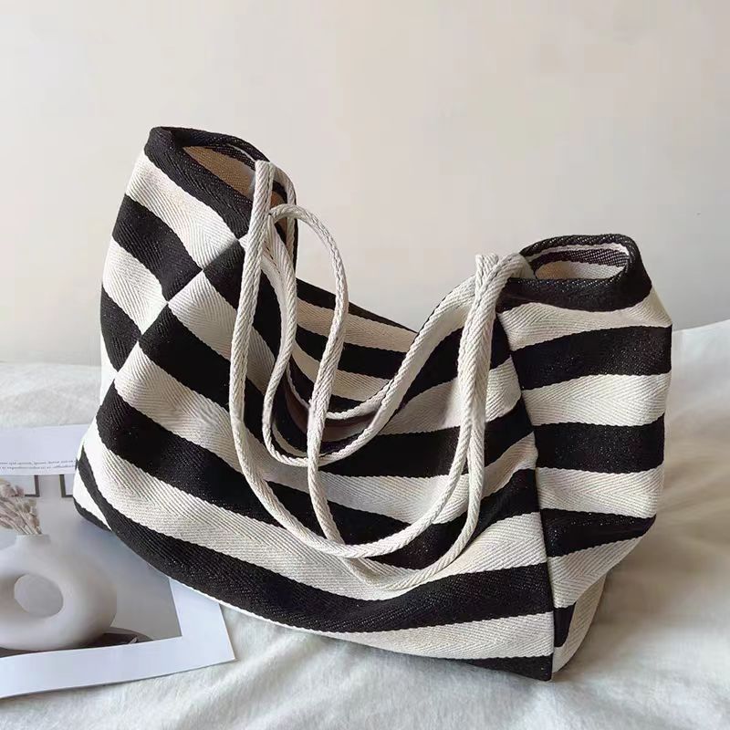 Contrast Stripe Canvas Tote Bag, Large Capacity Shoulder Bag_voghion.com