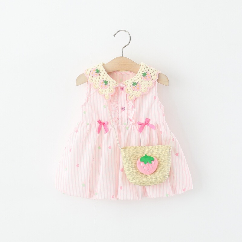 Children's Clothing Girls' Sleeveless Dress Summer Baby Girl Sweet Strawberry Collar Striped Flower Bud Princess Dress Children's Clothing Girls' Sleeveless Dress Summer Baby Girl Sweet Strawberry Collar Striped Flower Bud Princess Dress