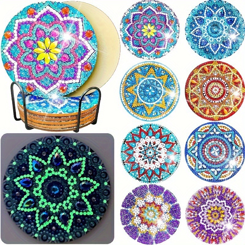 Ventas transfronterizas calientes de 8 piezas de conjunto de cojín de taza de arte de diamante, con soporte, pequeño conjunto de pintura de diamante, adecuado para adultos