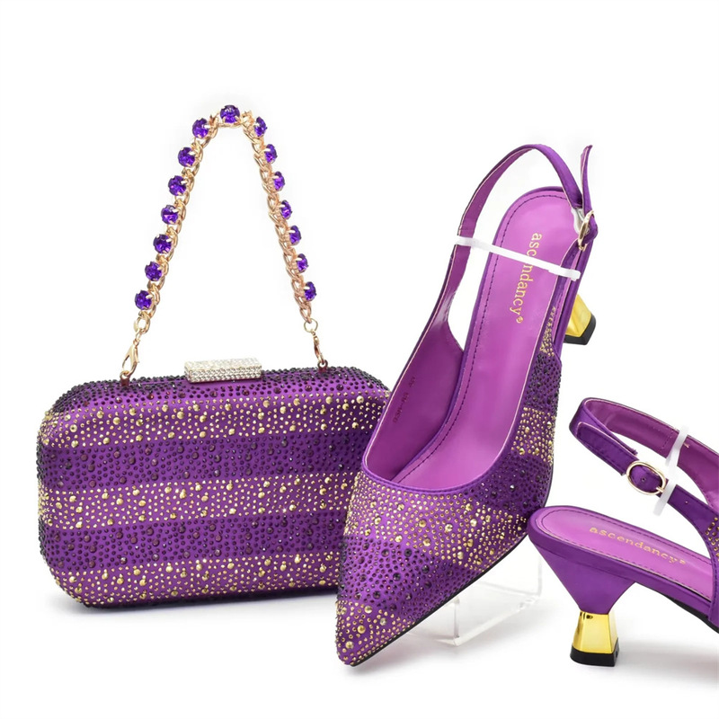 Party with Crushed Diamond Decoration High Heel Sandals with Imitation Lock Buckle Hard Case Handbag suit Shoes and Bag