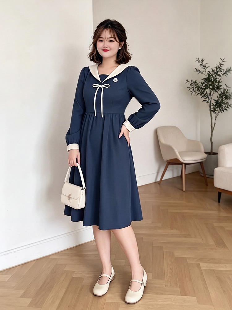 60-160kg Plus Size Women's Navy Collar Dress for Spring and Autumn, College Style Long-Sleeve Dress for Slightly Chubby Girls