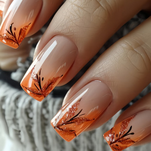 Cross-border Hot Selling Chinese Square Armor 24 Red Brown Gradient French False Nail Leaf Glitter Wear Nails