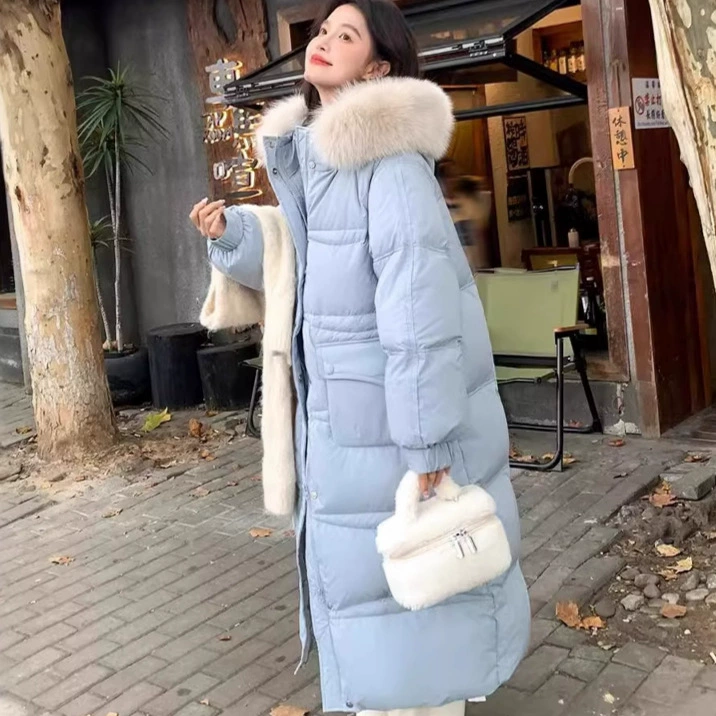 【Lang Yue】Женский пуховик 90% пух, популярный в 2025 году, в корейском стиле, с большим меховым воротником, теплый, средней длины, ниже колена, утолщенный зимний вариант.