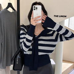 thelimon柠檬绿茶2025秋季新款设计感条纹海军领针织衫女毛衣上衣