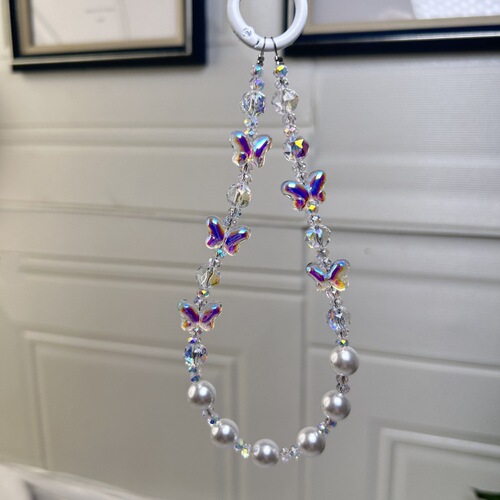 Minimalist Colorful Sparkling Butterfly Knot Clear Square Crystal Pearl Short Handmade Bead Bag Phone Chain Universal
