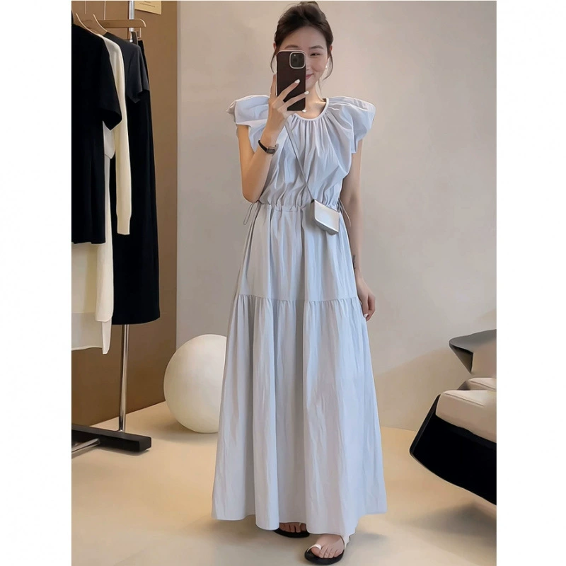 Элегантное платье с пышными рукавами для женщин, лето 2025, новый корейский стиль, модная юбка-трапеция с высокой талией