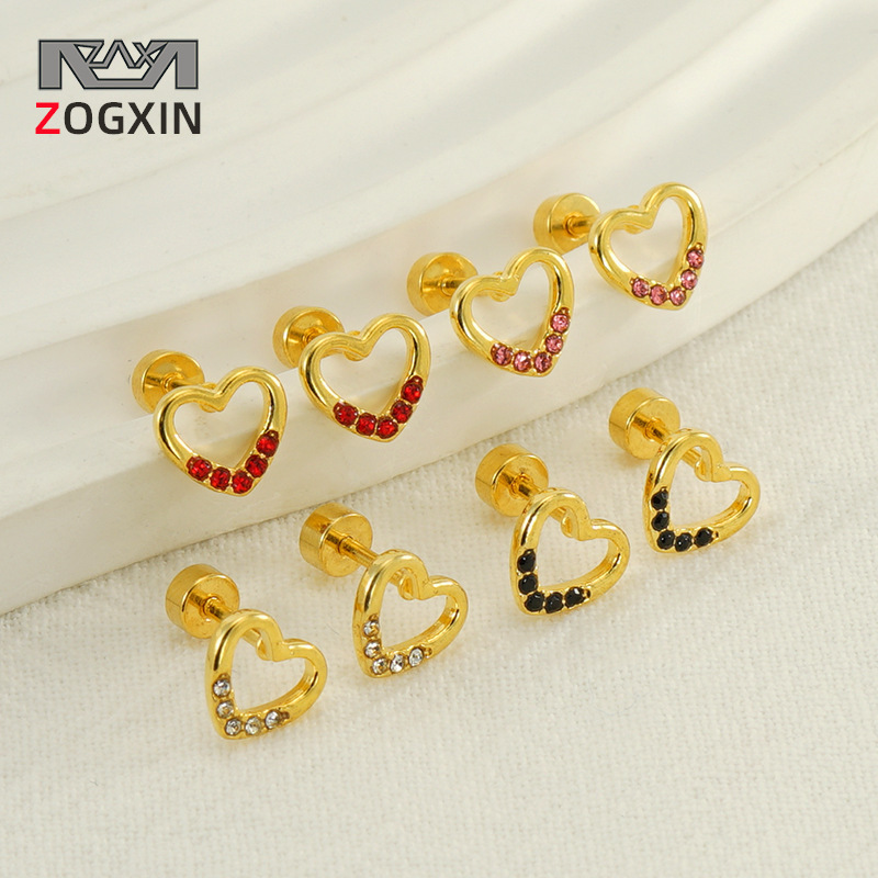 Joyas transfronterizas Pendientes de hilo al por mayor Pendientes pequeños de diamantes de amor Pendientes en forma de corazón hueco de acero de titanio viento ins mujer