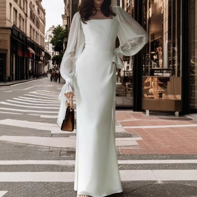 2026 New Style French-Style Elegant Square-Neck Dress with Mesh Patchwork, Slightly Sheer Bell Sleeves, Waist-Cinching, Slimming Fishtail Dress