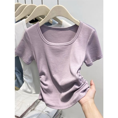 Women's Summer 2025 Purple Short Sleeve T-shirt Square Collar Fitted Pure Color Waist-baring Short Top Bodysuit