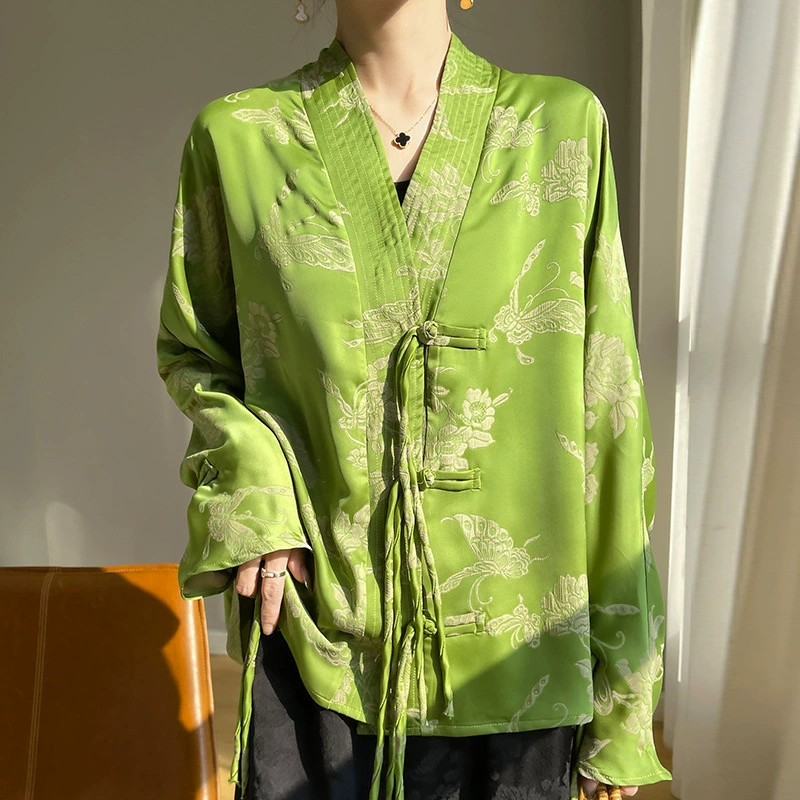 2024 весна и лето новый китайский стиль жаккардовая рубашка с пуговицами на улице ретро топ кардиган атласная рубашка