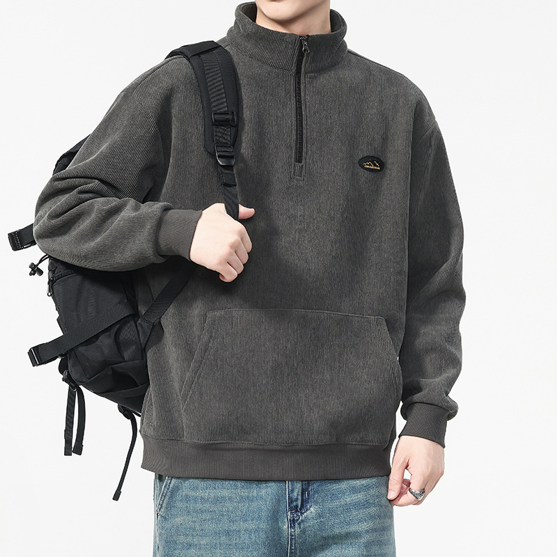 安洋半拉链灯芯绒卫衣男冬季加绒保暖立领休闲上衣重磅宽松上衣服|undefined
