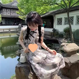 新中式山水画印花清冷感飞飞袖连衣裙子女盘扣复古轻国风旗袍裙子