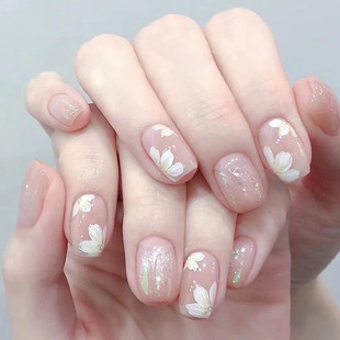 Gentle static elegant wind wear nail piece white flower flash nail art removable short fake nail piece finished wholesale