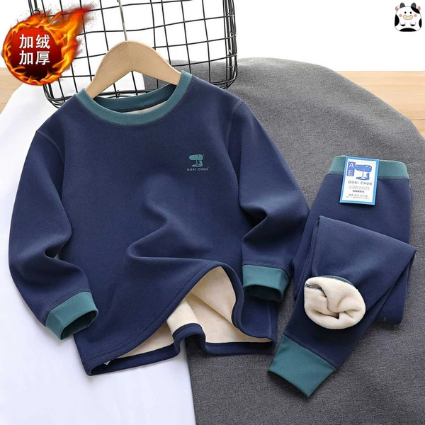 Navy blue contrasting koala velvet thickened suit