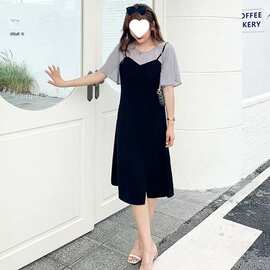 胖妹妹法式气质假两件连衣裙女夏2026新款中长款收腰显瘦大码裙子
