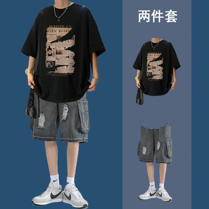 2-piece set black T-Denim shorts black
