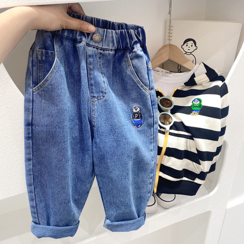 Boys' Trousers Spring and Autumn  New Autumn Children's Jeans Cartoon Handsome Soft Medium and Big Boys Straight Leg Pants