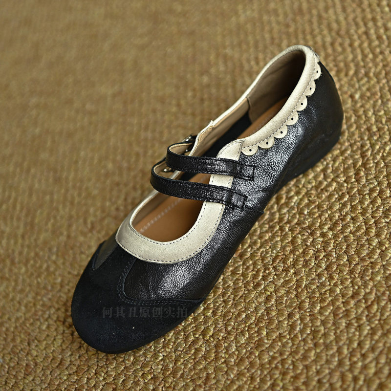 Palace-style retro color-blocked lace flat Mary Jane shoes for women, new model with double buckle and shallow cut