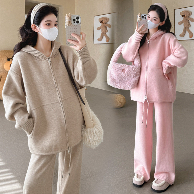 孕妇装秋冬季套装潮妈新款加厚时尚宽松休闲针织毛衣阔腿裤两件套|undefined