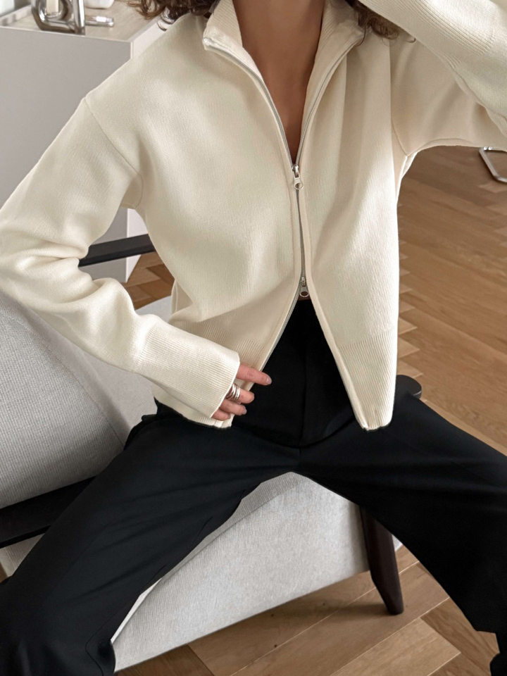 Áo khoác cardigan len dệt kim cổ đứng khóa kéo hai chiều dài tay — Màu nâu cà phê, Màu trắng, màu đen, màu đỏ chi tiết 6