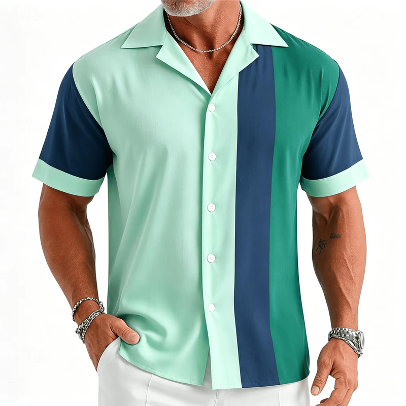 Blue striped short-sleeved vintage bowling shirt, 1950s retro button-up spring/summer shirt