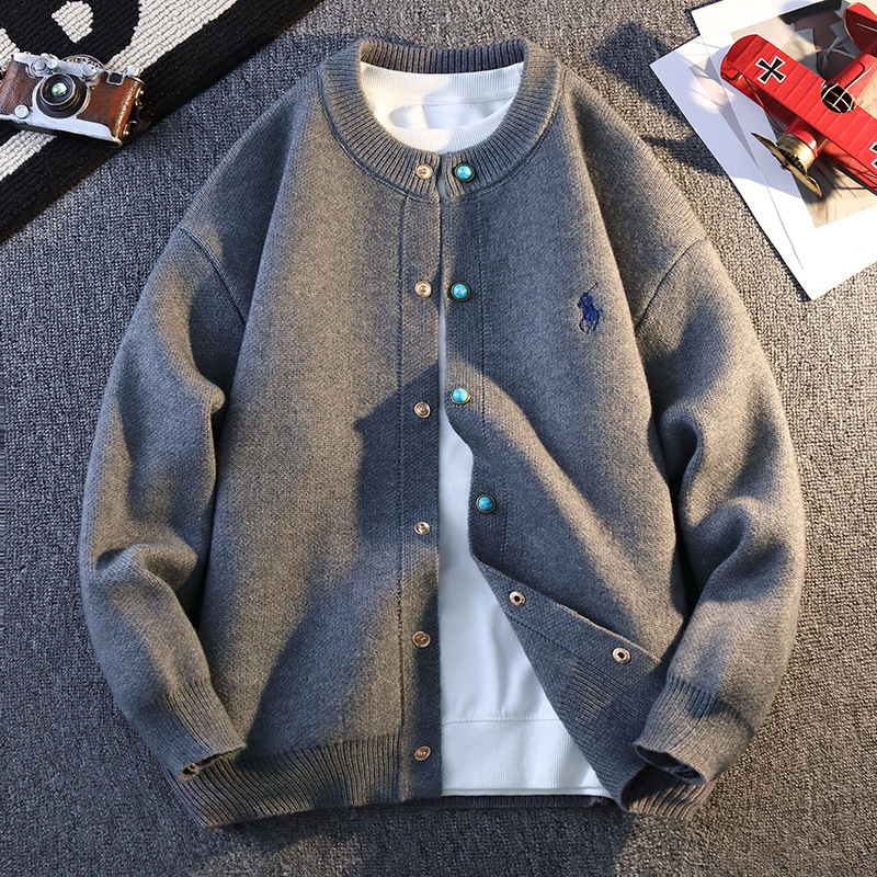 Cardigan Knit Sweater Men's Jacket with Horse Embroidery, Old Money Style, Turquoise Buttons, Trendy Foreign Trade Cross-Border Wholesale