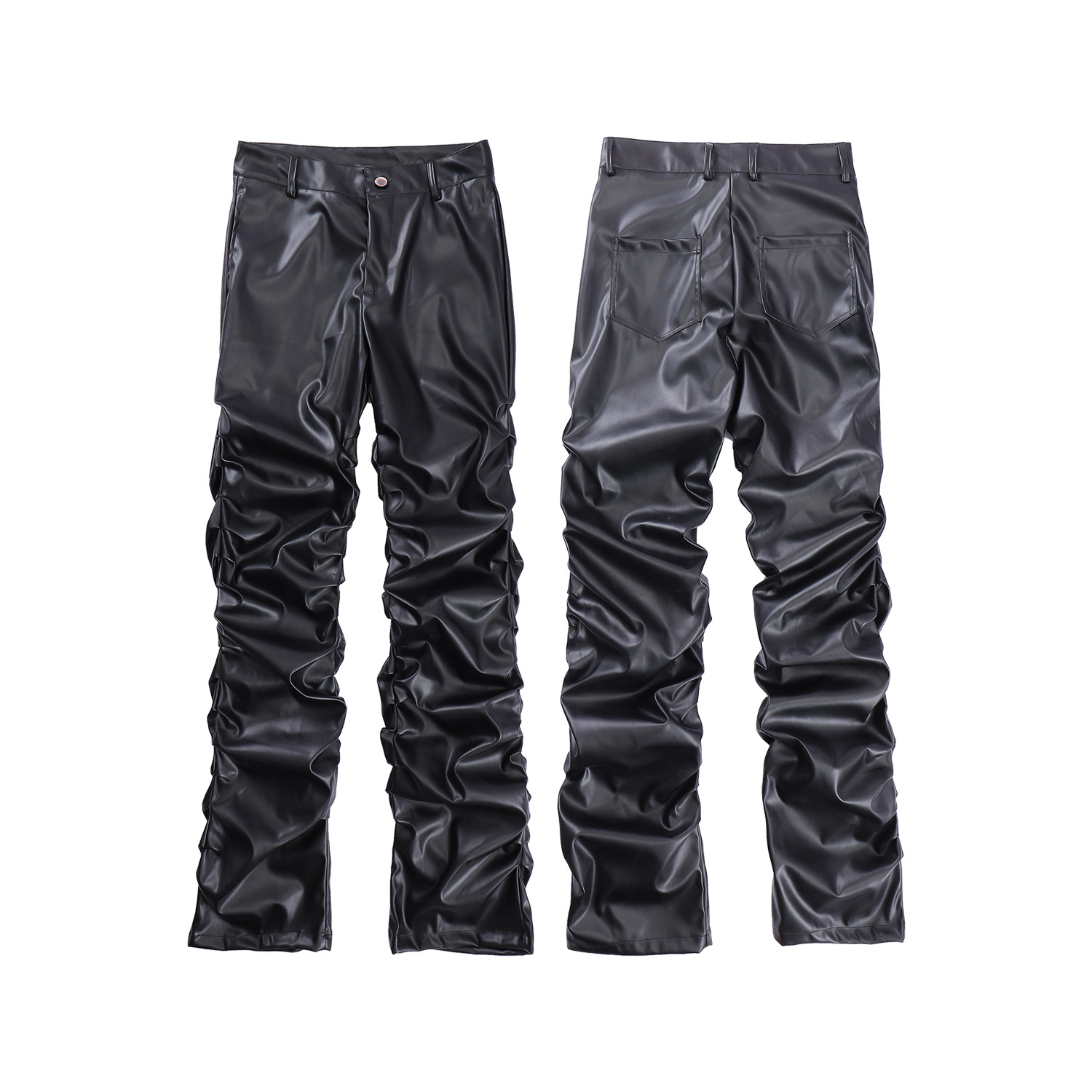 Pantalon en cuir PU d'inspiration punk pour homme - Coupe skinny style moto avec plis subtils, pantalon long slim taille haute (noir, S-XL)_voghion.com