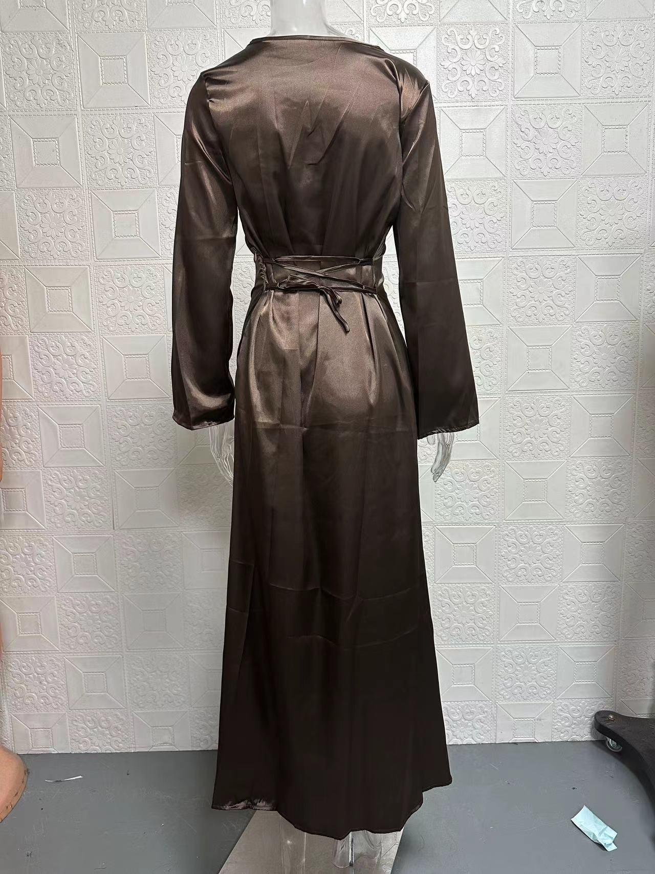 Women's Clothing white round neck long sleeves women's lace up alienated national style temperament lazy style waist dress_voghion.com