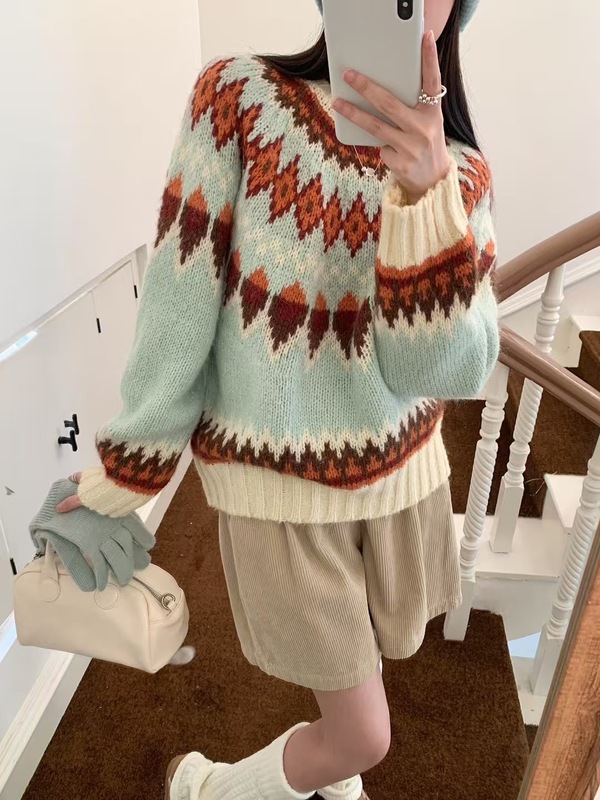 黄色复古费尔岛毛衣女秋冬2025新款设计感慵懒风加厚宽松针织衫|undefined