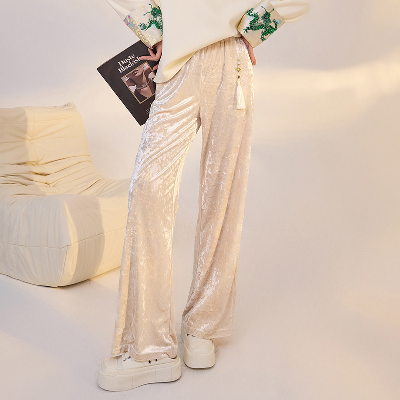New Chinoiserie Velvet Wide-Leg Pants Chinoiserie Pure Color Jacquard Simple Casual Straight Pants Pants for Women M2076 Literary Style