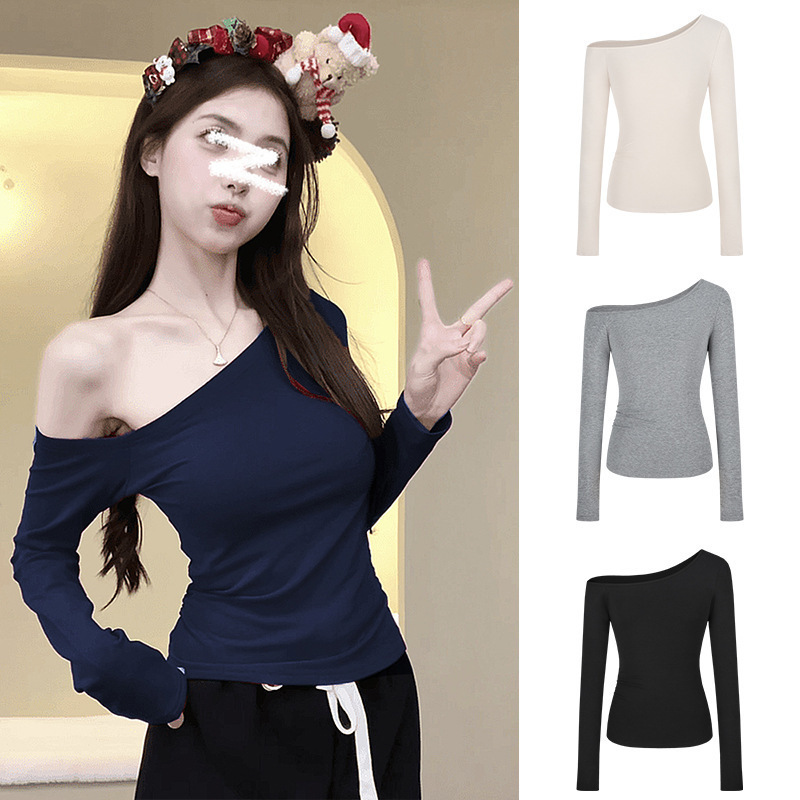 Pure Desire Hot Girl Slim Fit Off-Shoulder Long Sleeve T-Shirt Women's Early Autumn Design Easiest for Match Bottoming Shirt Student Top