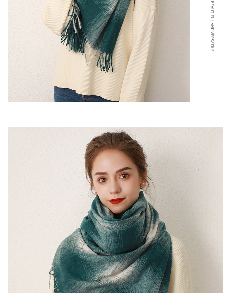 Gradient plaid faux cashmere tassel scarf for women's oversized warm and soft shawl_voghion.com
